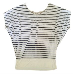 Energie blue navy white striped blouse top with lace detail womens small